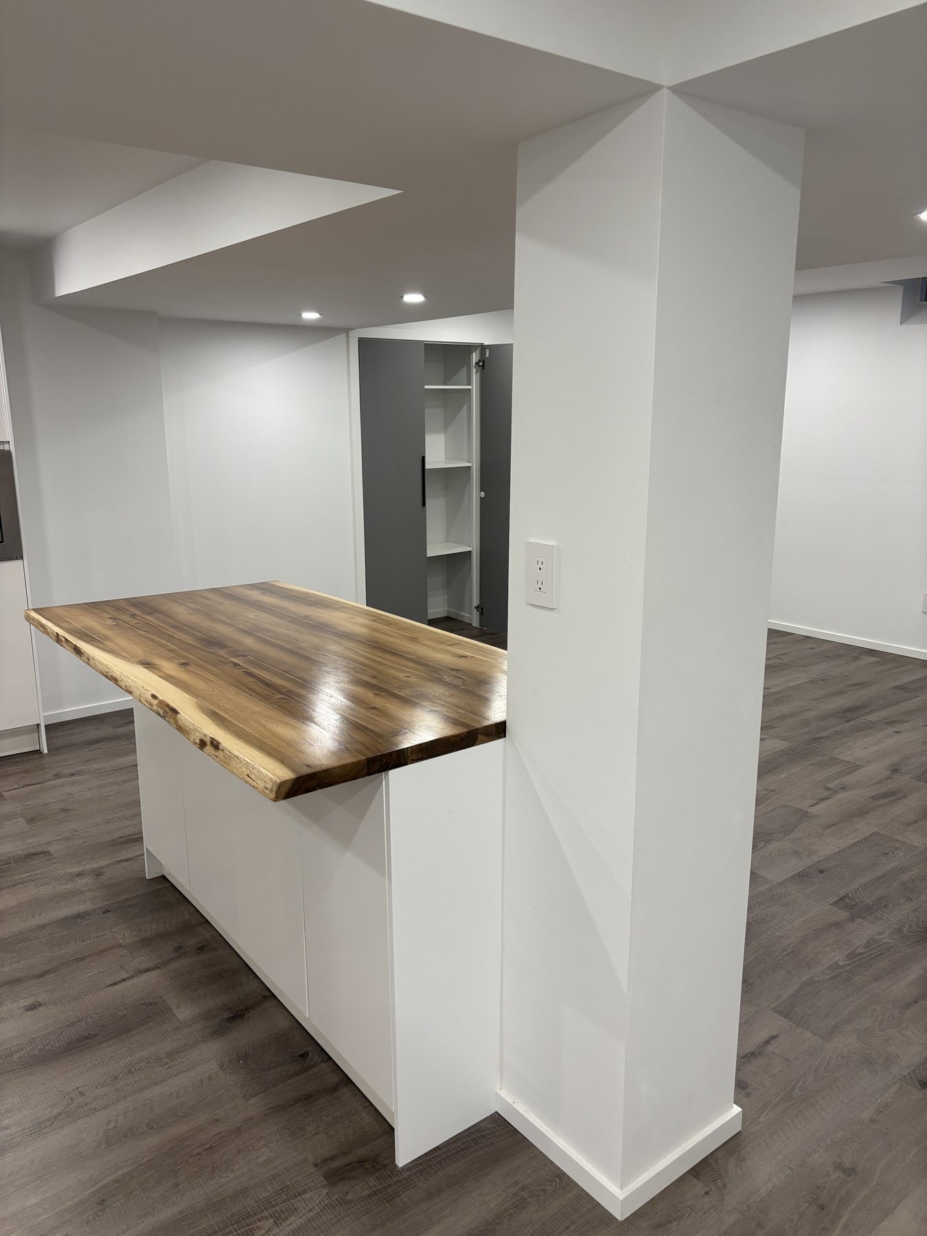 Basement kitchenette with a natural-edge wood counter