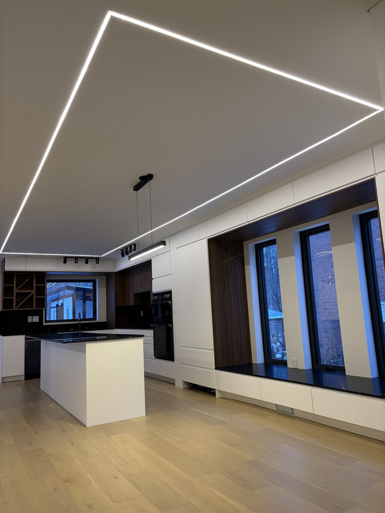 Minimal kitchen with linear ceiling lighting and black-framed doors